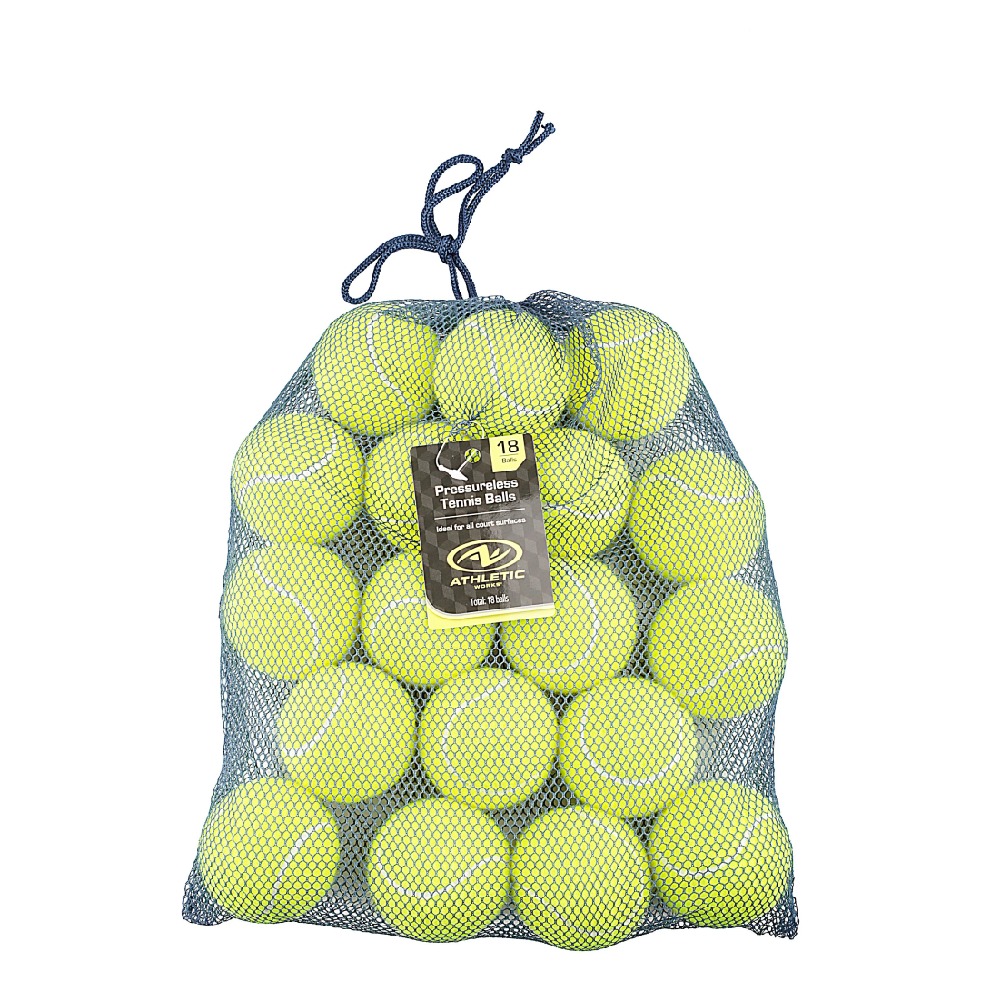 A mesh drawstring bag filled with bright yellow tennis balls, featuring a black and yellow tag from Athletic on the front, isolated on a white background.