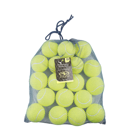 A mesh drawstring bag filled with bright yellow tennis balls, featuring a black and yellow tag from Athletic on the front, isolated on a white background.