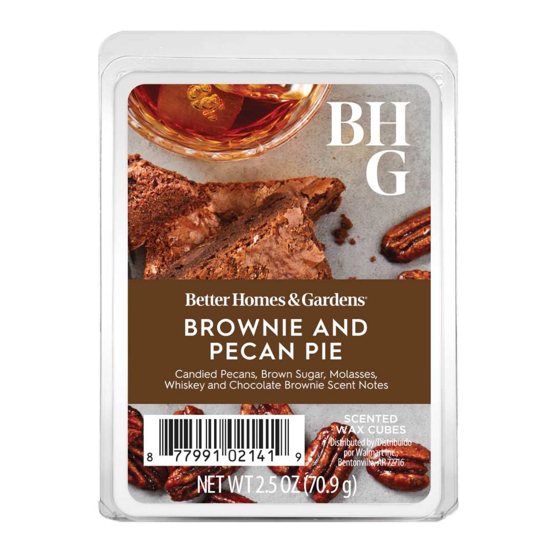Better Homes & Gardens Brownie and Pecan Pie scented wax melts in a clear plastic clamshell package, featuring a brownie and pecan pie graphic with the BHG logo.