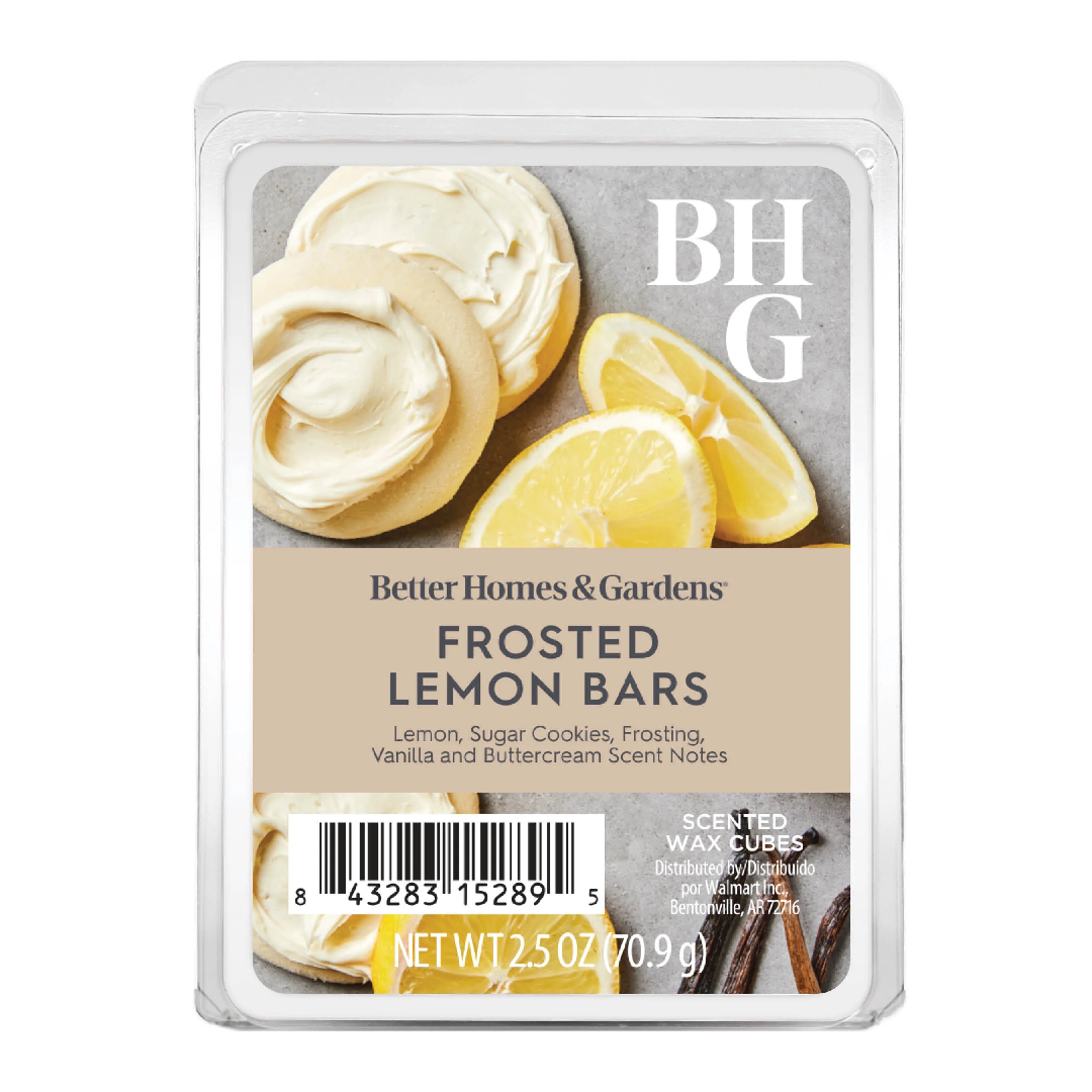Better Homes & Gardens Frosted Lemon Bars scented wax cubes in a clear plastic clamshell package. The label features images of frosted lemon cookies, sliced lemons, and the BHG logo.