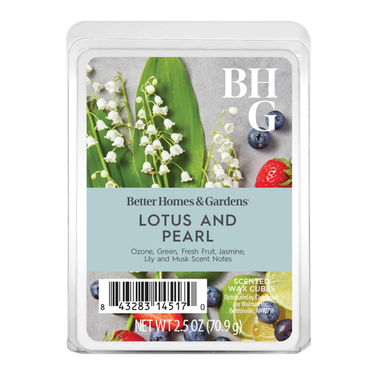 Better Homes & Gardens Lotus and Pearl scented wax cubes in a clear plastic clamshell package with a botanical label showing lily of the valley, blueberries, and strawberries.