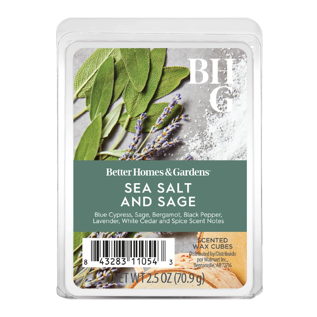 Better Homes & Gardens Sea Salt and Sage scented wax cubes in a clear plastic clamshell package, featuring a label with sage leaves, lavender, and white salt crystals on a gray background.