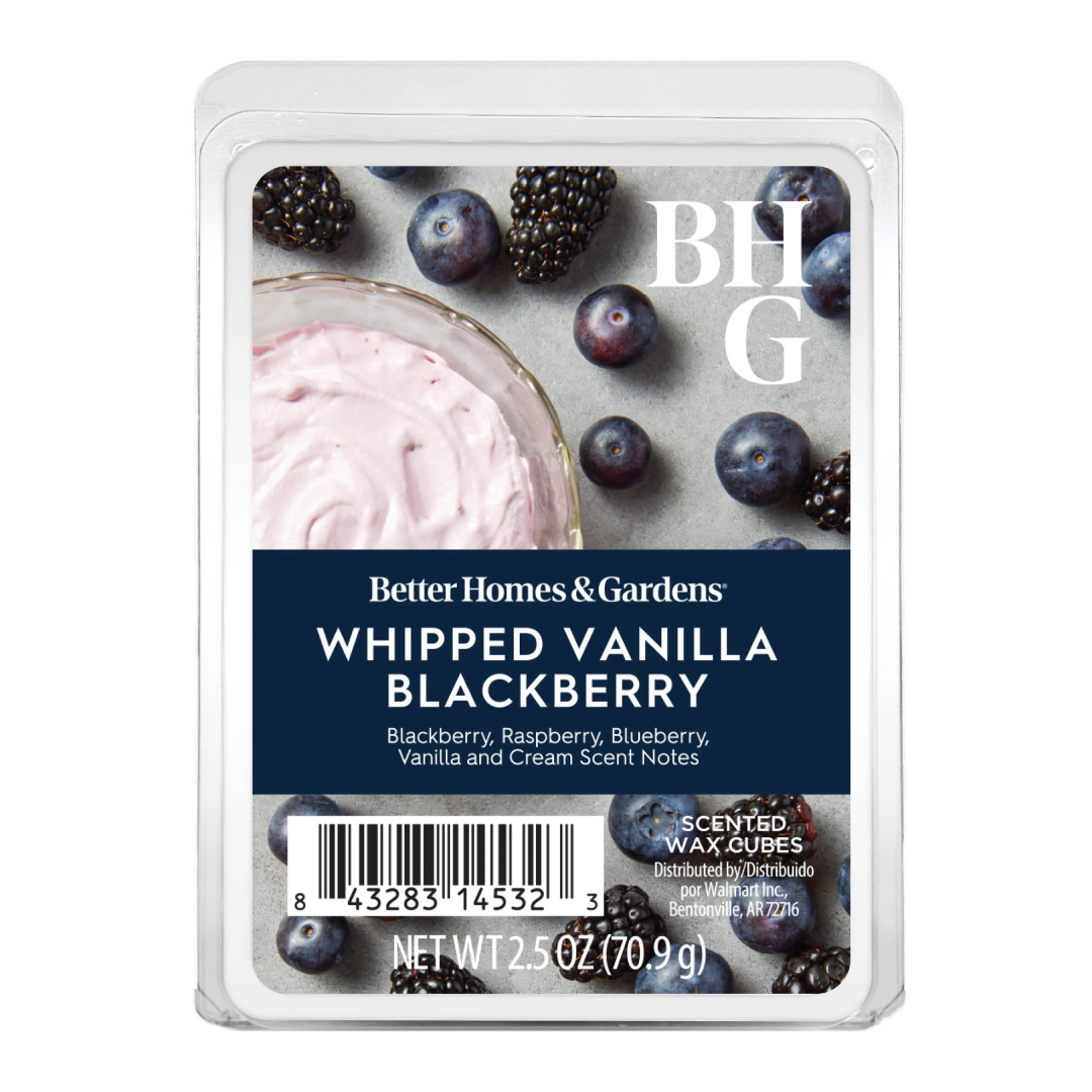 Better Homes & Gardens Whipped Vanilla Blackberry scented wax melts in a clear clamshell package with a label showing blueberries, blackberries, and a pink whipped cream swirl.