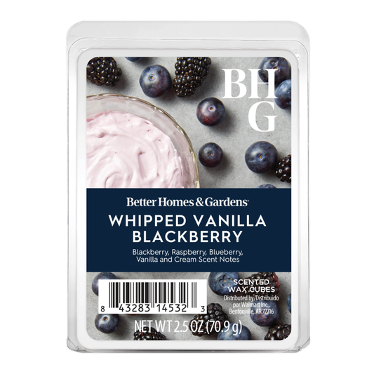 Better Homes & Gardens Whipped Vanilla Blackberry scented wax melts in a clear clamshell package with a label showing blueberries, blackberries, and a pink whipped cream swirl.