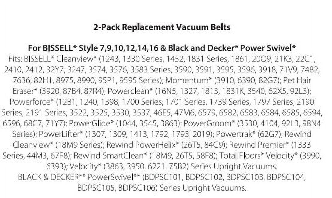 Text description of 2-pack replacement vacuum belts for BISSELL and Black & Decker models on a white background.