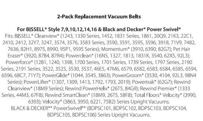 Text description of 2-pack replacement vacuum belts for BISSELL and Black & Decker models on a white background.
