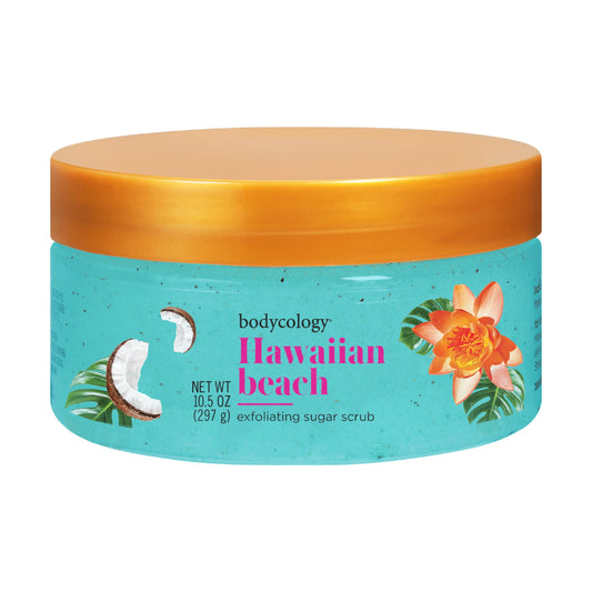 Bodycology Exfoliating Sugar Scrub, Hawaiian Beach – Gently Polishes & Hydrates with Tropical Coconut-Citrus Scent – 10 fl oz Jar