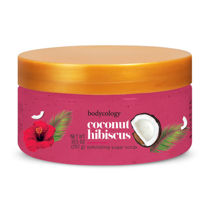 Bodycology Exfoliating Sugar Scrub, Coconut Hibiscus – 10.5 oz Jar – Gentle Body Exfoliator with Tropical Floral Scent
