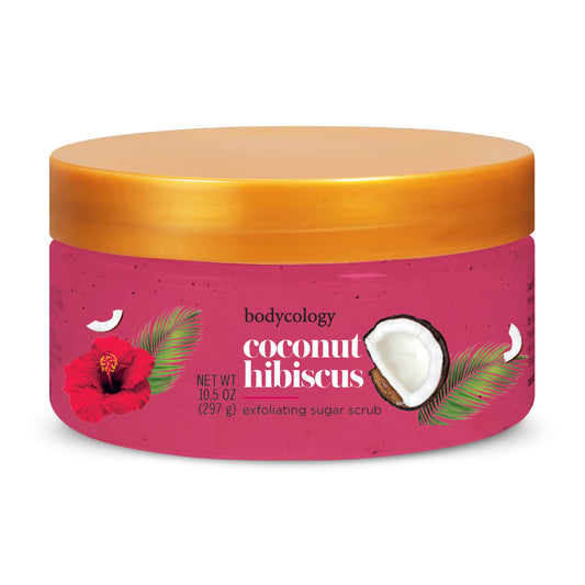 Bodycology Exfoliating Sugar Scrub, Coconut Hibiscus – 10.5 oz Jar – Gentle Body Exfoliator with Tropical Floral Scent