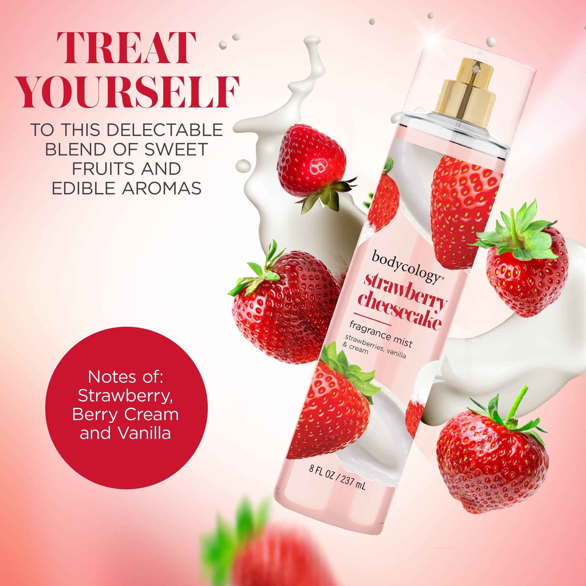 Bodycology Fragrance Body Mist Strawberry Cheesecake 8 fl oz with Strawberries Vanilla & Cream Scent