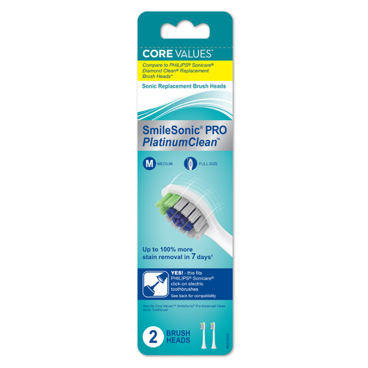 Core Values SmileSonic Pro Platinum Clean Replacement Brush Heads – Medium (2-Pack) Core Values