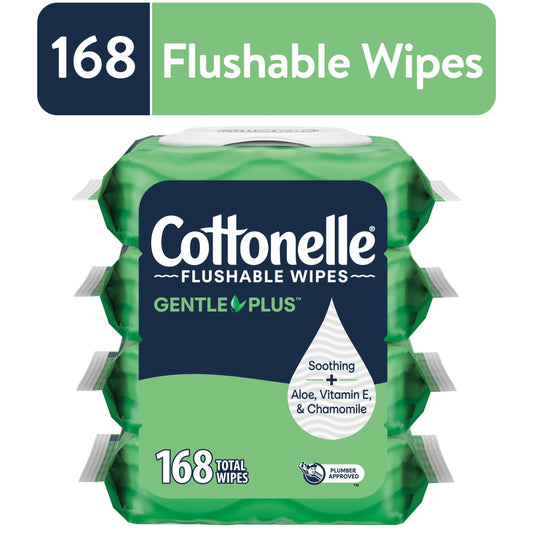 Cottonelle GentlePlus Flushable Wet Wipes with Aloe & Vitamin E, Hypoallergenic, Septic-Safe, 4 Flip-Top Packs (168 Wipes Total)