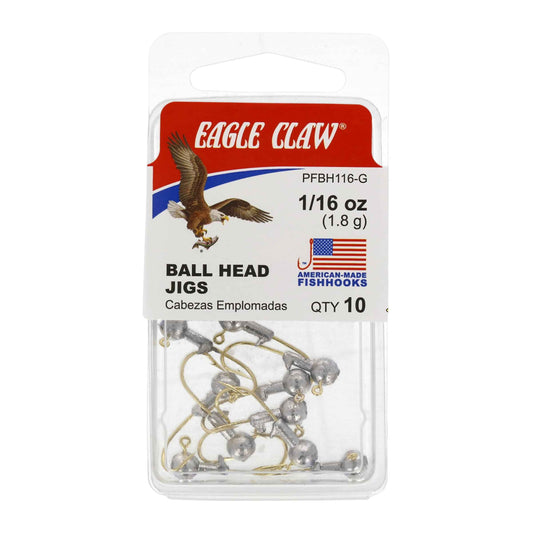 Eagle Claw Ball Head Fishing Jig – Unpainted Gold Hook, 1/16 oz, 10 Count | Freshwater Fishing Lures