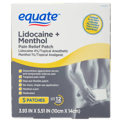 Equate Lidocaine + Menthol Pain Relief Patch – 4% Lidocaine / 1% Menthol, 5 Count