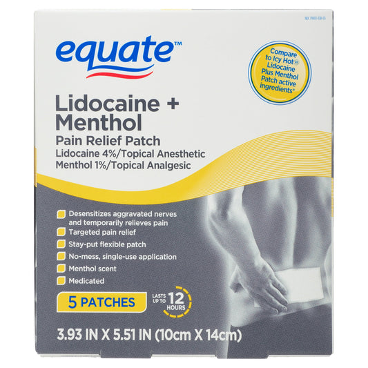 Equate Lidocaine + Menthol Pain Relief Patch – 4% Lidocaine / 1% Menthol, 5 Count