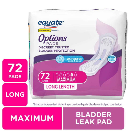 Equate Options Women’s Incontinence Pads, Maximum Absorbency, Long Length, 72 Count