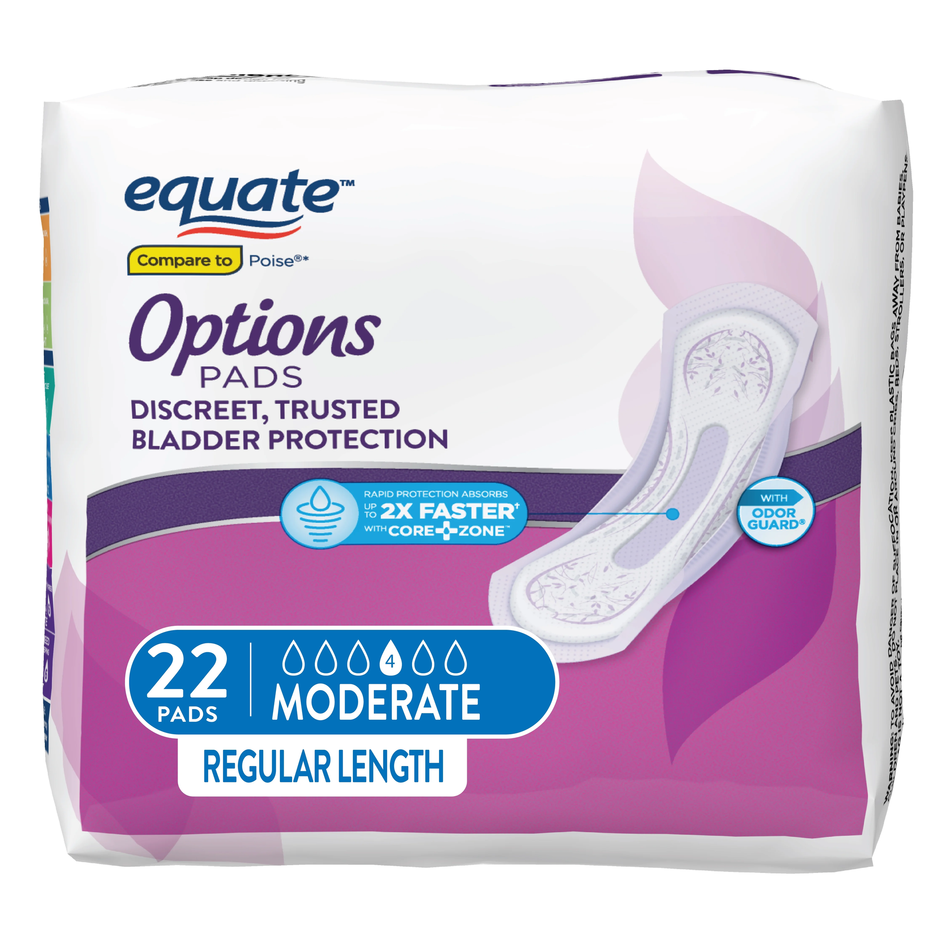 Equate Options Women's Incontinence Pads – Moderate Absorbency, Regular Length