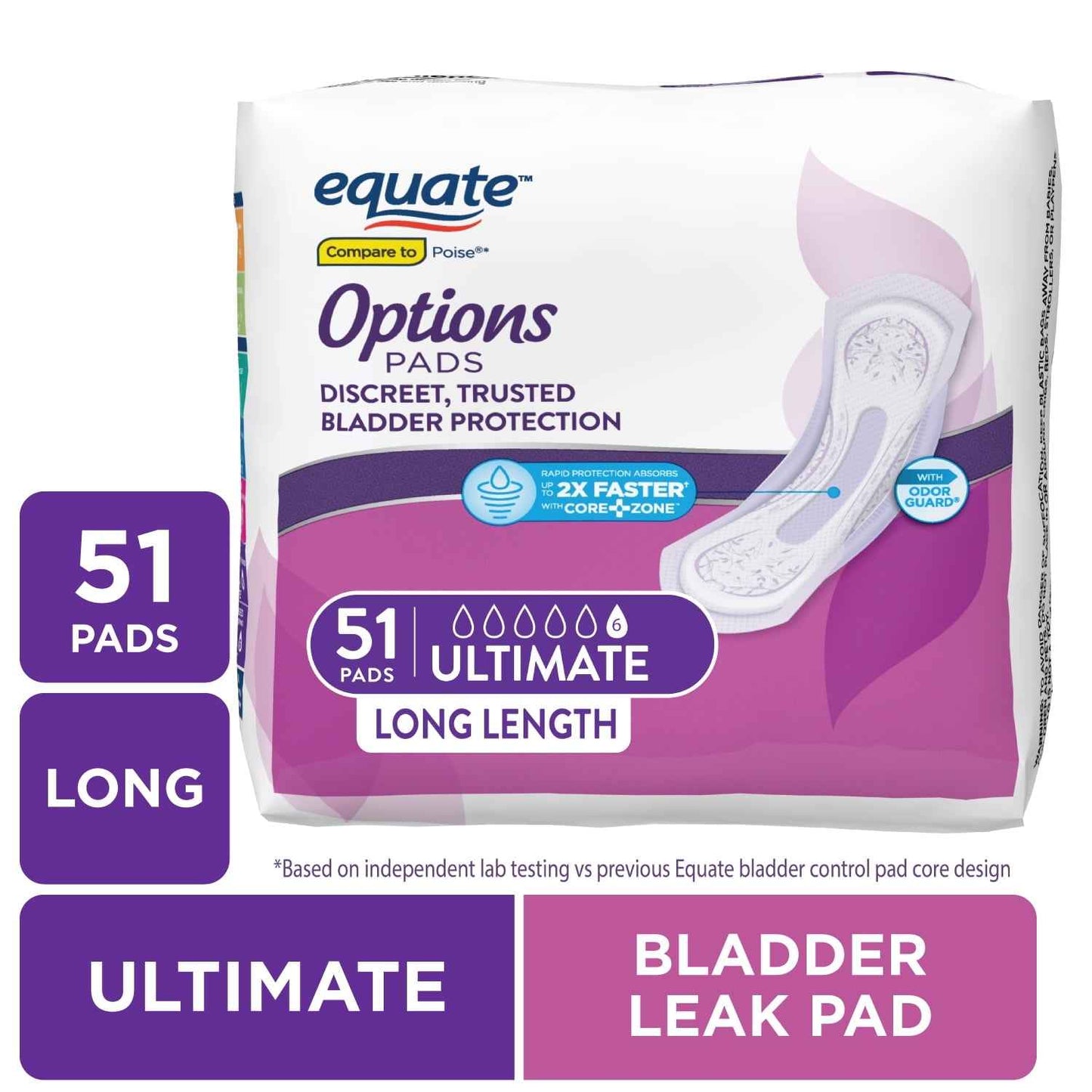 Equate Options Women's Incontinence Pads – Ultimate Absorbency, Long Length, 51 Count