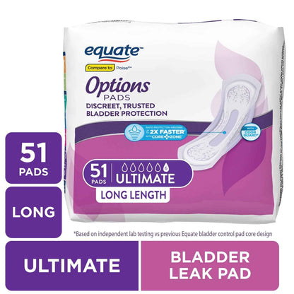 Equate Options Women's Incontinence Pads – Ultimate Absorbency, Long Length, 51 Count