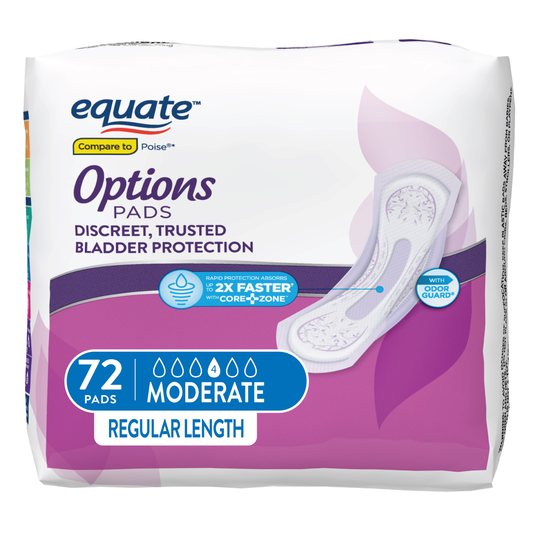 Equate Options Women's Incontinence Pads – Moderate Absorbency, Regular Length