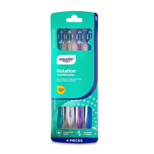 Equate Rotation Manual Toothbrush with Tongue & Cheek Cleaner, Soft Bristles (4 Count)