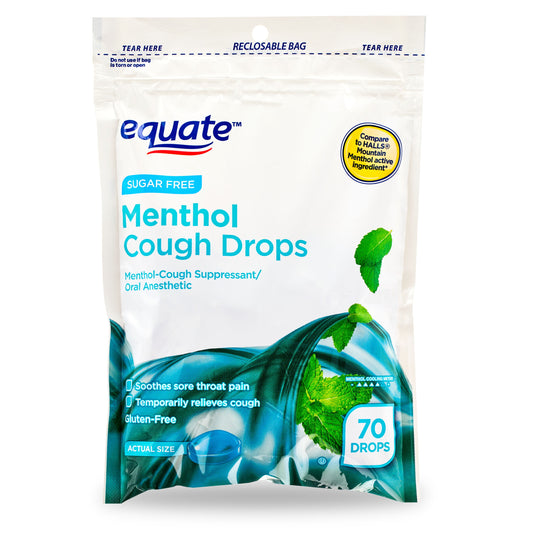 Equate Sugar Free Menthol Cough Drops – 70 Count, Sore Throat & Cough Relief Lozenges, Menthol Flavor