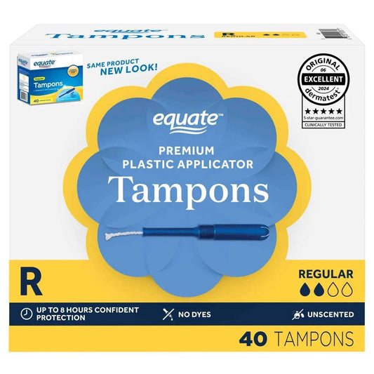 Equate Tampons with Premium Plastic Applicators, Unscented, Regular Absorbency – 40 Count