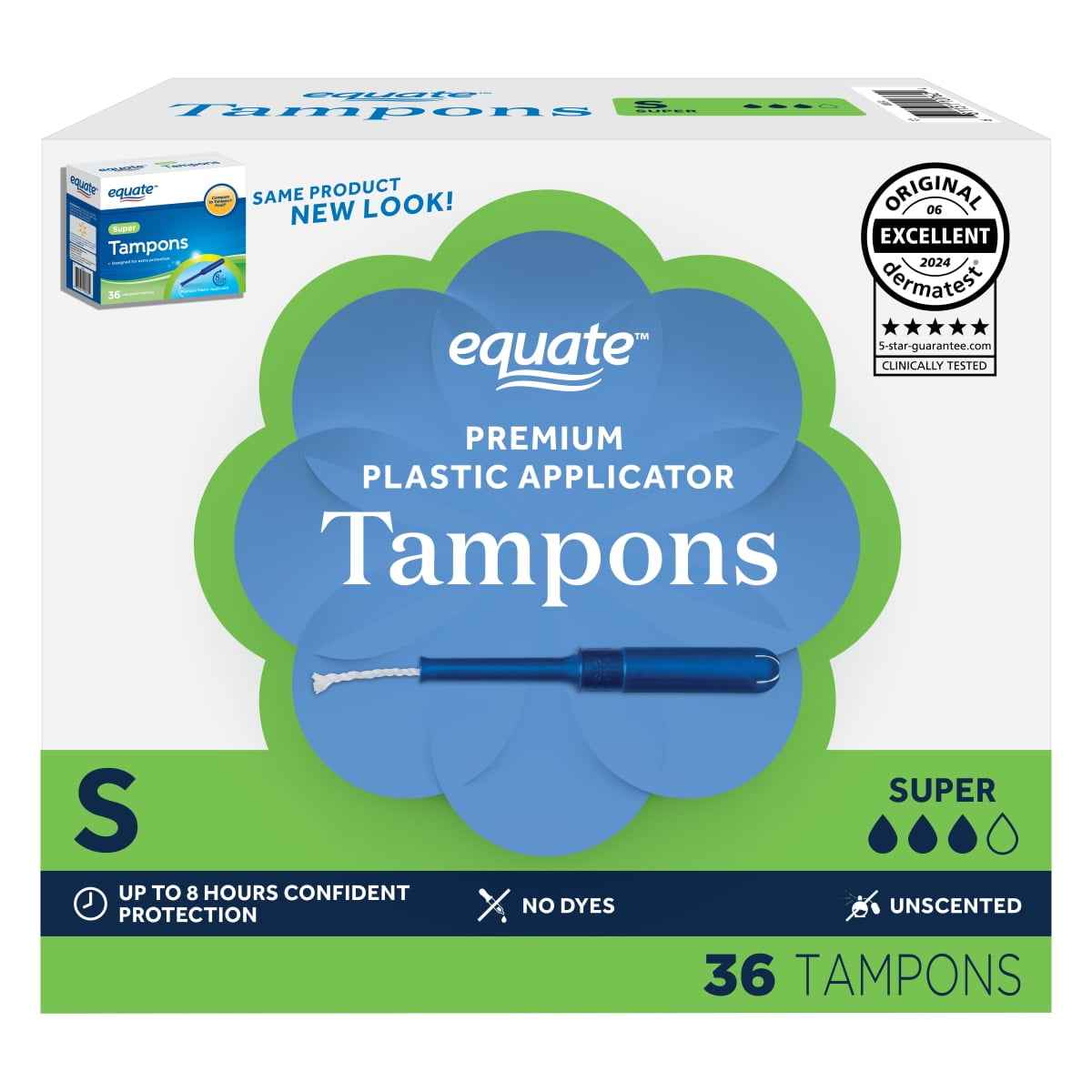 Equate Tampons with Premium Plastic Applicators, Unscented, Super Absorbency – 36 Count