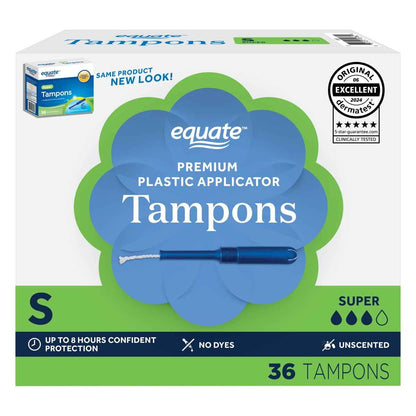 Equate Tampons with Premium Plastic Applicators, Unscented, Super Absorbency – 36 Count