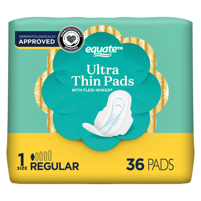 Equate Ultra Thin Pads with Wings, Size 1, Regular Protection, 36 Count