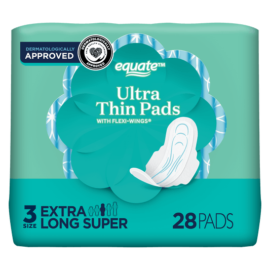Equate Ultra Thin Pads with Wings – Size 3 Extra Long Super Protection, 28 Count
