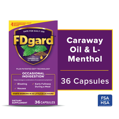 FDgard Caraway Oil & L-Menthol dietary supplement box shown on a white background, alongside a purple callout panel stating 'Caraway Oil & L-Menthol' and '36 Capsules'. The box is primarily purple with gold, yellow, green, and white text and imagery.