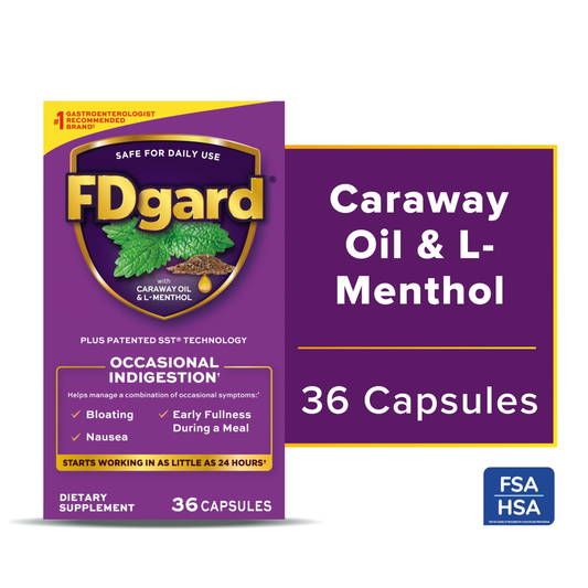 FDgard Caraway Oil & L-Menthol dietary supplement box shown on a white background, alongside a purple callout panel stating 'Caraway Oil & L-Menthol' and '36 Capsules'. The box is primarily purple with gold, yellow, green, and white text and imagery.