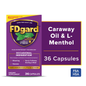 FDgard Caraway Oil & L-Menthol dietary supplement box shown on a white background, alongside a purple callout panel stating 'Caraway Oil & L-Menthol' and '36 Capsules'. The box is primarily purple with gold, yellow, green, and white text and imagery.