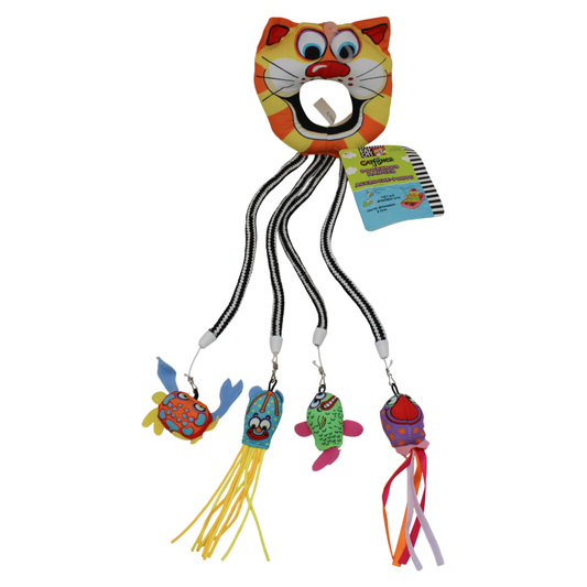 Colorful cat toy with hanging fish-shaped toys