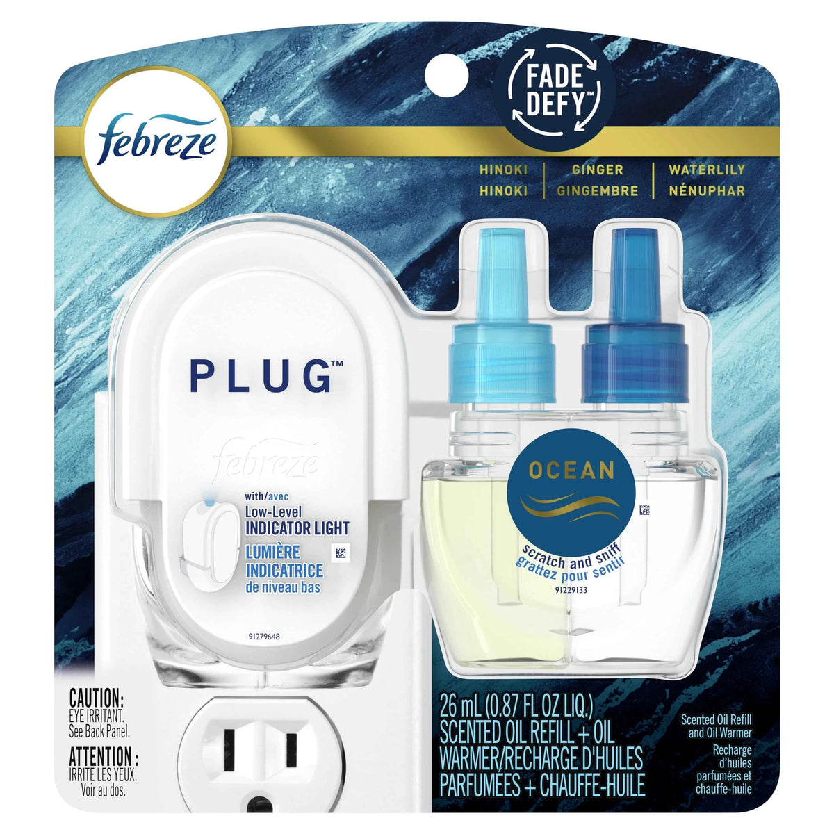 Febreze PLUG Starter Kit - Ocean Scented Oil Air Freshener | Warmer + 1 Refill | Fade Defy Odor Fighter
