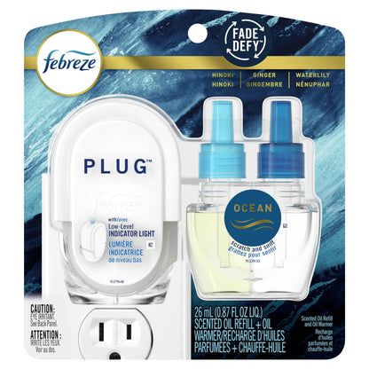 Febreze PLUG Starter Kit - Ocean Scented Oil Air Freshener | Warmer + 1 Refill | Fade Defy Odor Fighter