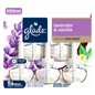 Glade lavender & vanilla plug-in scent oil refill pack, 5 refills, featuring five clear glass bottles with white dispensers, a navy blue Glade logo, a purple lavender & vanilla label, and floral illustrations.