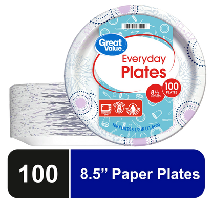 Great Value Disposable Paper Plates – 8.5 Inch – Durable, Cut-Resistant & Convenient for Parties, Picnics and Everyday Use