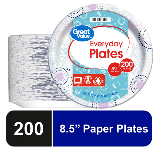 Great Value Disposable Paper Plates – 8.5 Inch – Durable, Cut-Resistant & Convenient for Parties, Picnics and Everyday Use