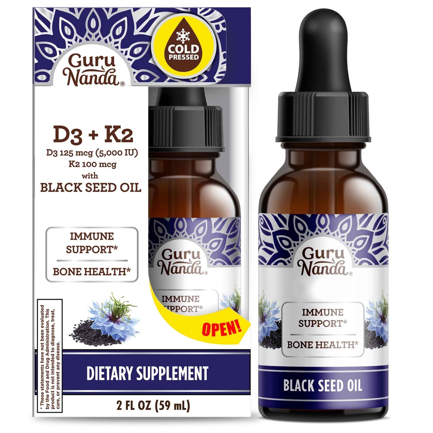 GuruNanda Cold Pressed Black Seed Oil with Vitamins D3, E & K2 – 2 fl oz – Supports Skin, Bone & Immune Health