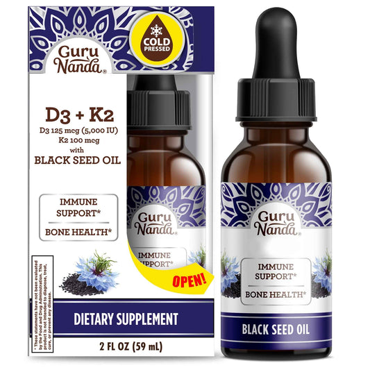 GuruNanda Cold Pressed Black Seed Oil with Vitamins D3, E & K2 – 2 fl oz – Supports Skin, Bone & Immune Health