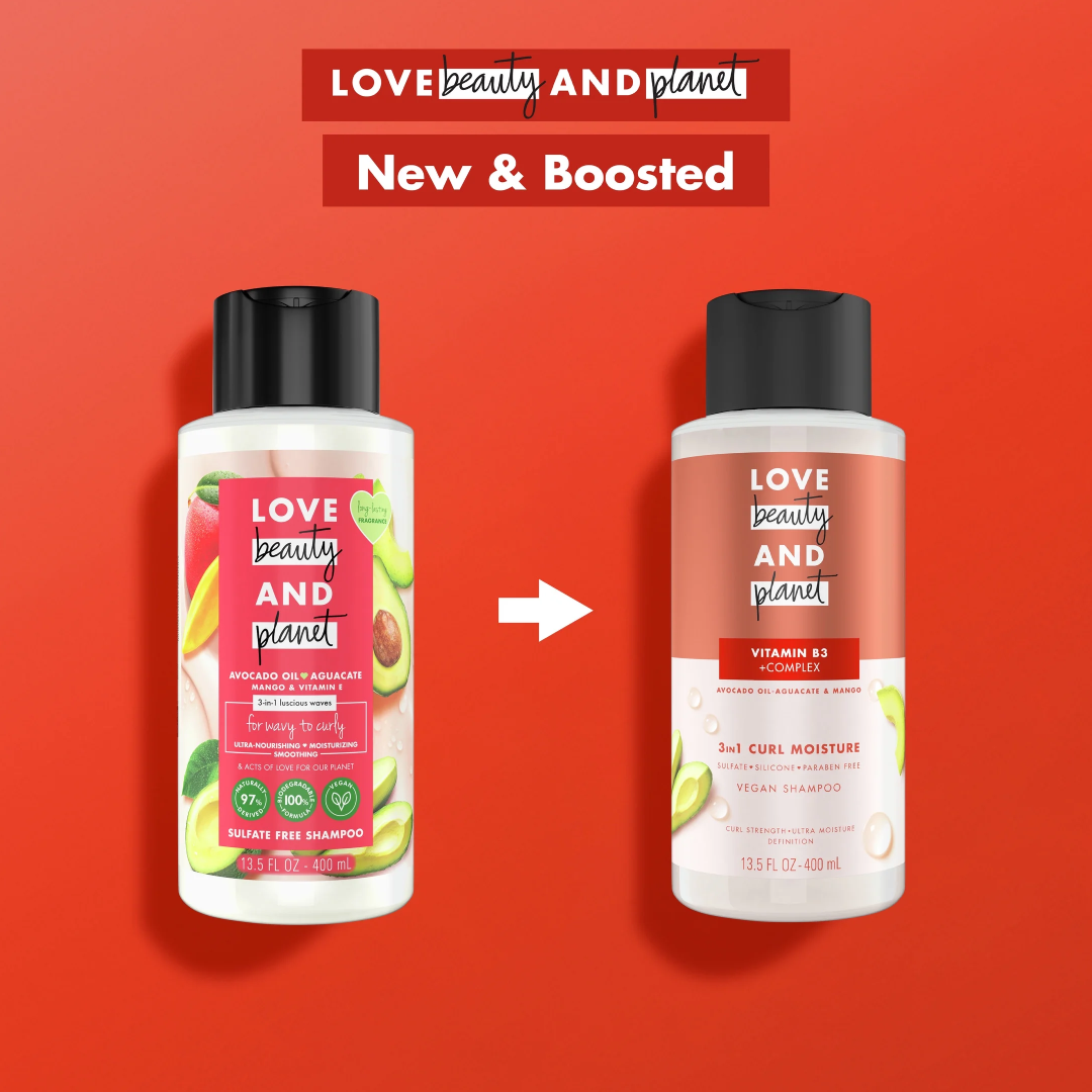 Love Beauty and Planet 3 in 1 Luscious Waves Shampoo Avocado Oil Aguacate Mango and Vitamin E 13.5 Fl Oz 