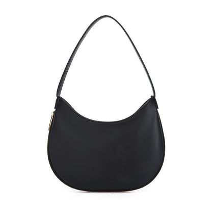 Small Vegan Leather Shoulder Bag – Black Crescent Hobo Purse with Expansion Zipper