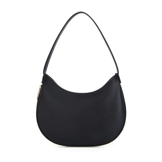 Small Vegan Leather Shoulder Bag – Black Crescent Hobo Purse with Expansion Zipper