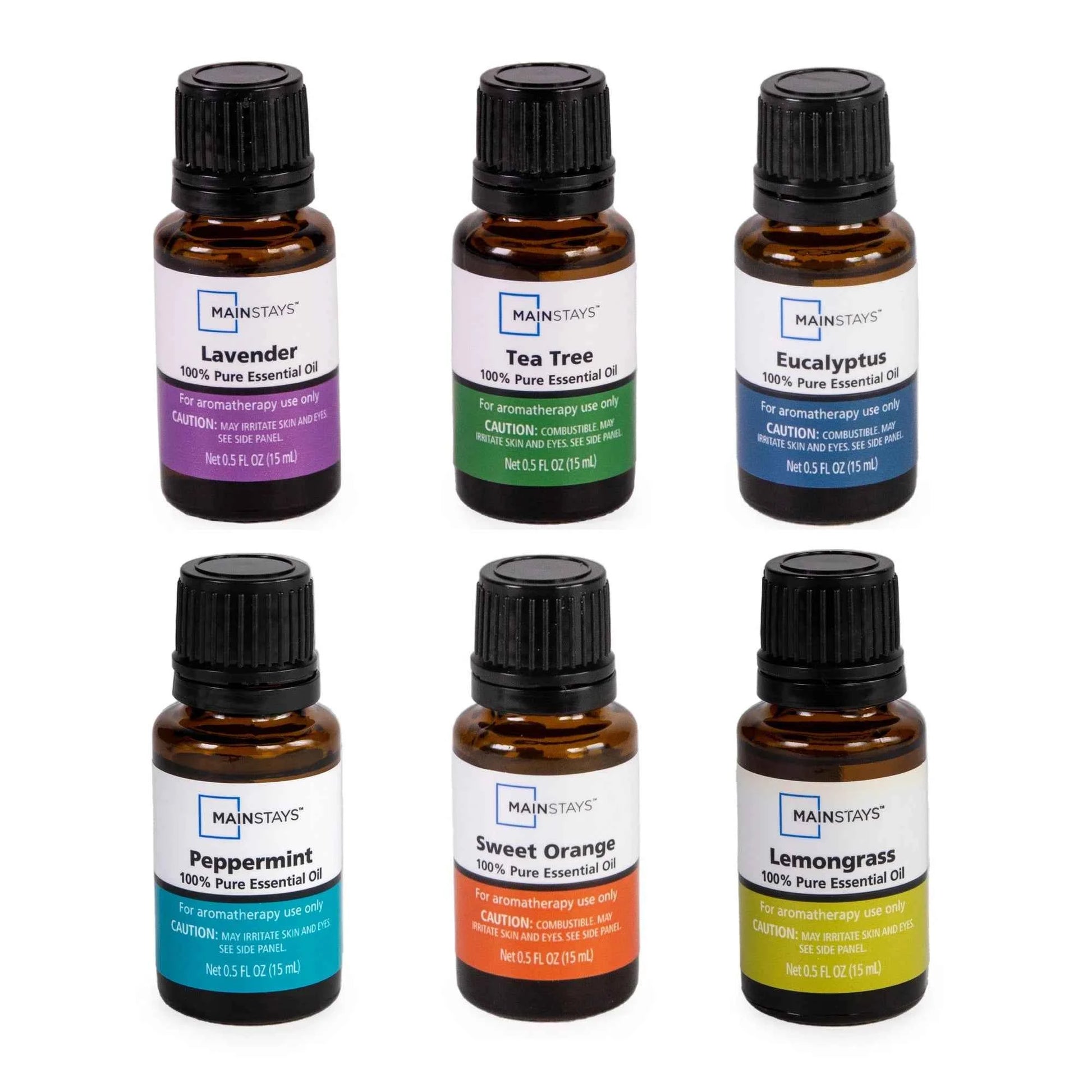 Mainstays Essential Oil Set 6 Pack, 15 mL Each – Eucalyptus, Lavender, Lemongrass, Sweet Orange, Peppermint, Tea Tree