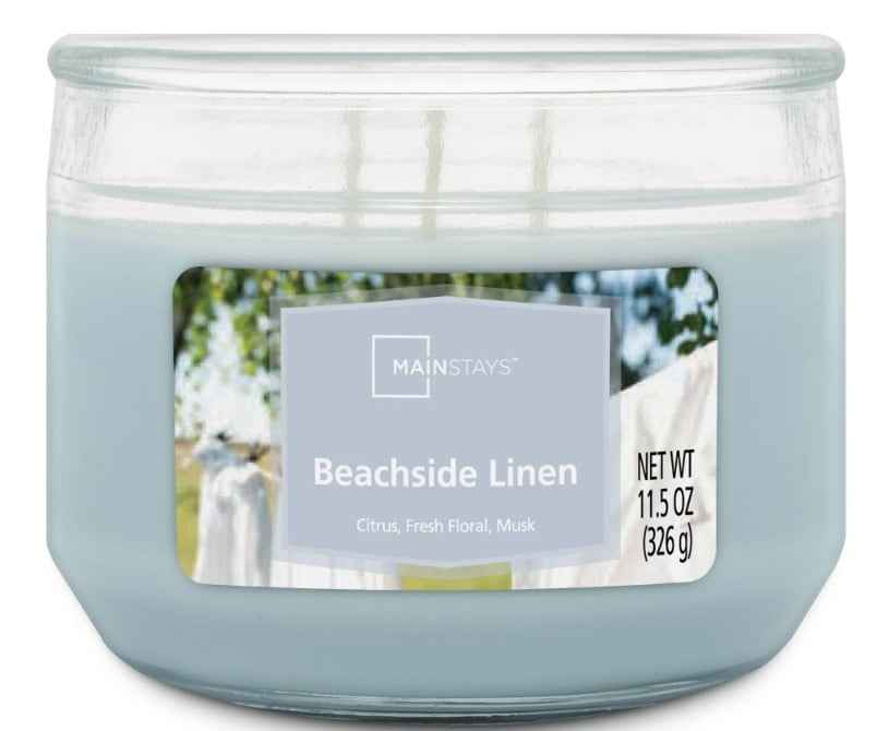 Mainstays Beachside Linen 3-Wick Glass Jar Candle – Fresh Clean Scent, Blue, 11.5 oz