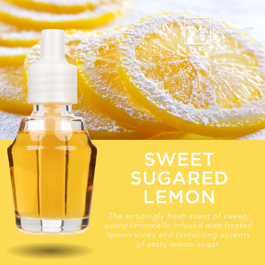 Bottle of sweet sugared lemon with sliced lemons and powdered sugar