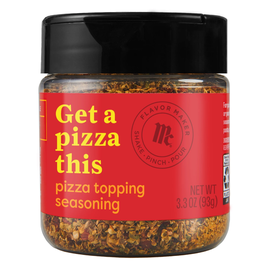 Jar of pizza topping seasoning with red label and black lid