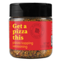 Jar of pizza topping seasoning with red label and black lid